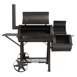 Schwarzer Taino Yuma Smoker Grillwagen mit zwei Kammern, Ablagefläche und großen Rädern.