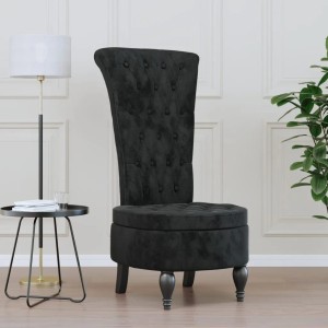 Schwarzer Polsterstuhl mit hoher Rückenlehne und Knopfheftung aus Samt, ein eleganter Loungesessel.