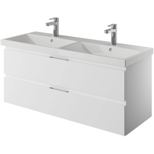 Pelipal Waschbeckenunterschrank Serie 4035, 116 cm, Weiß Glänzend mit zwei Schubladen und Doppelwaschbecken.
