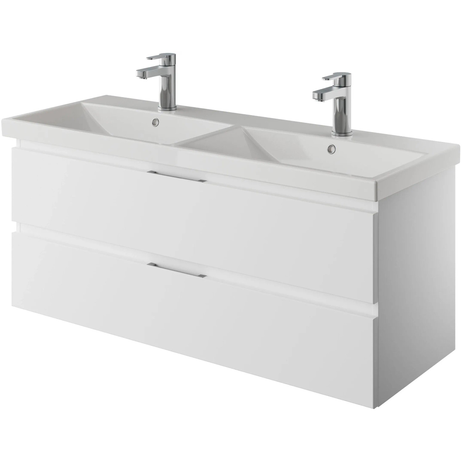 Pelipal Waschbeckenunterschrank Serie 4035, 116 cm, Weiß Glänzend mit zwei Schubladen und Doppelwaschbecken.