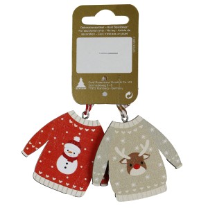 Bunte Deko-Pullover aus Holz zum Aufhängen, 2er-Set mit Schneemann- und Rentier-Motiv.