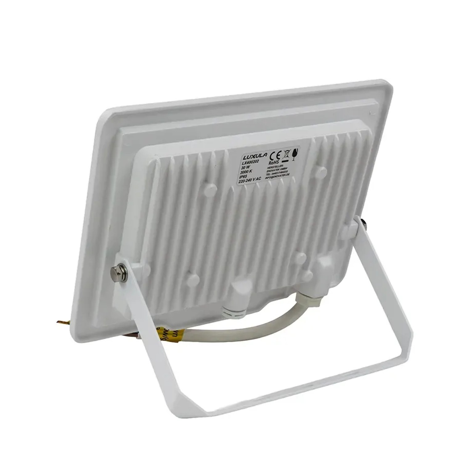 Weißer LUXULA LED Strahler 30W mit Haltebügel, Rückansicht. Wetterfester LED-Außenstrahler.