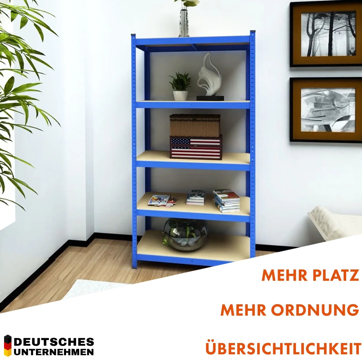 Blaues KARAT Schwerlastregal Rhino mit 5 Böden, ideal für Werkstatt, Garage oder Lager.