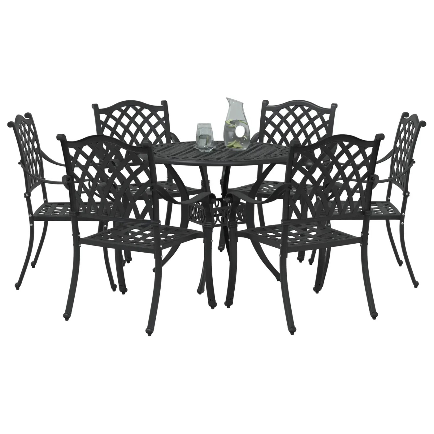 vidaXL 7-tlg. Garten-Essgruppe, schwarz, Aluminiumguss. Gartentisch mit 6 Stühlen.
