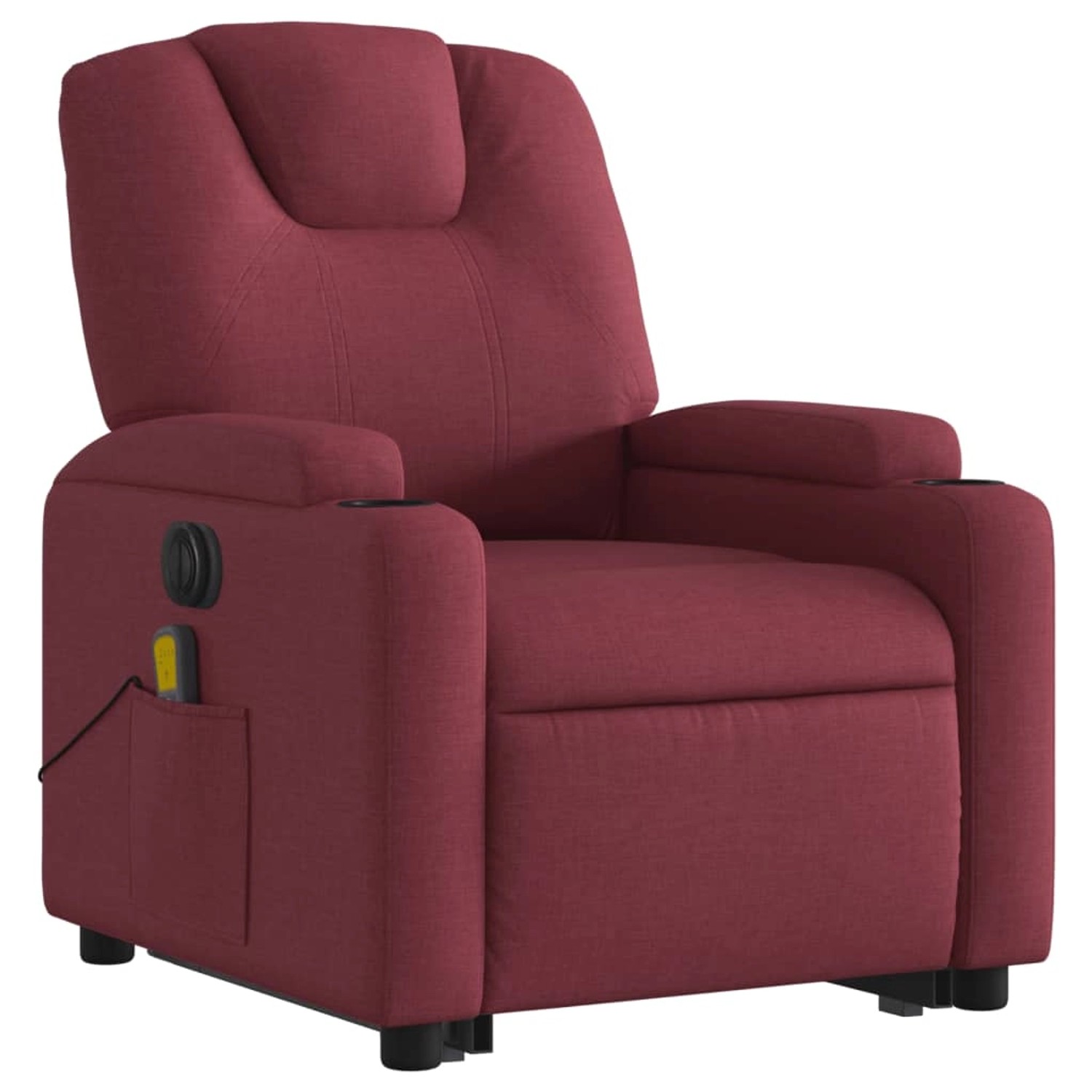 Elektrischer Massagesessel mit Aufstehhilfe, weinrot, Stoffbezug, Getränkehalter.