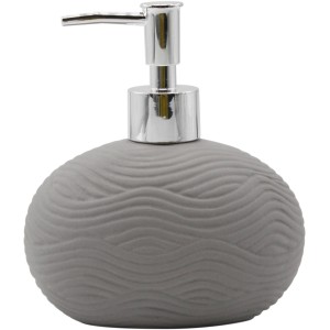 Grauer Keramik Seifenspender Wave mit Stonetouch Oberfläche und silbernem Pumpkopf.