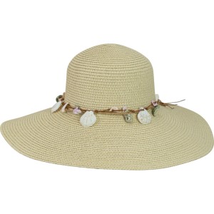 Beiger Damen Strohhut aus Papierseil mit breiter Krempe und maritimem Muschel-Band. Ideal als Sonnenhut für Garten & Strand.