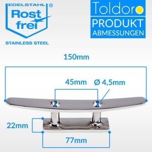 Toldoro Klampe, 150mm, Edelstahl V4A, 2 Bohrungen, Bootsklampe, Festmacher, Detailansicht mit Maßen.