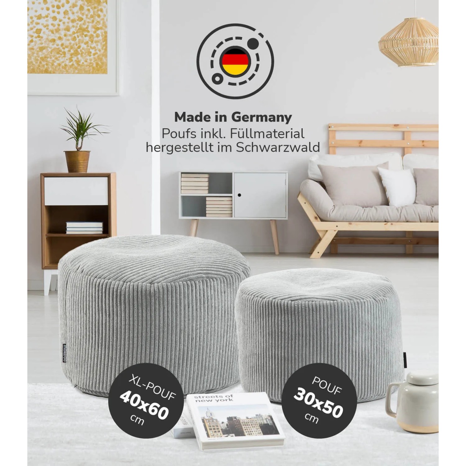 Graue mokebo Cord Hocker 'Der Faule Lenz', zwei Größen. Sitzhocker mit EPS-Perlen Füllung.