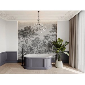 Graue freistehende Badewanne Cavaso 151 cm im Landhausstil in elegantem Badezimmer mit Kronleuchter.