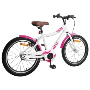 Rosa Kinderfahrrad, 18 Zoll, für 5-7 Jahre. Weißer Rahmen mit pinken Details und braunem Sattel.