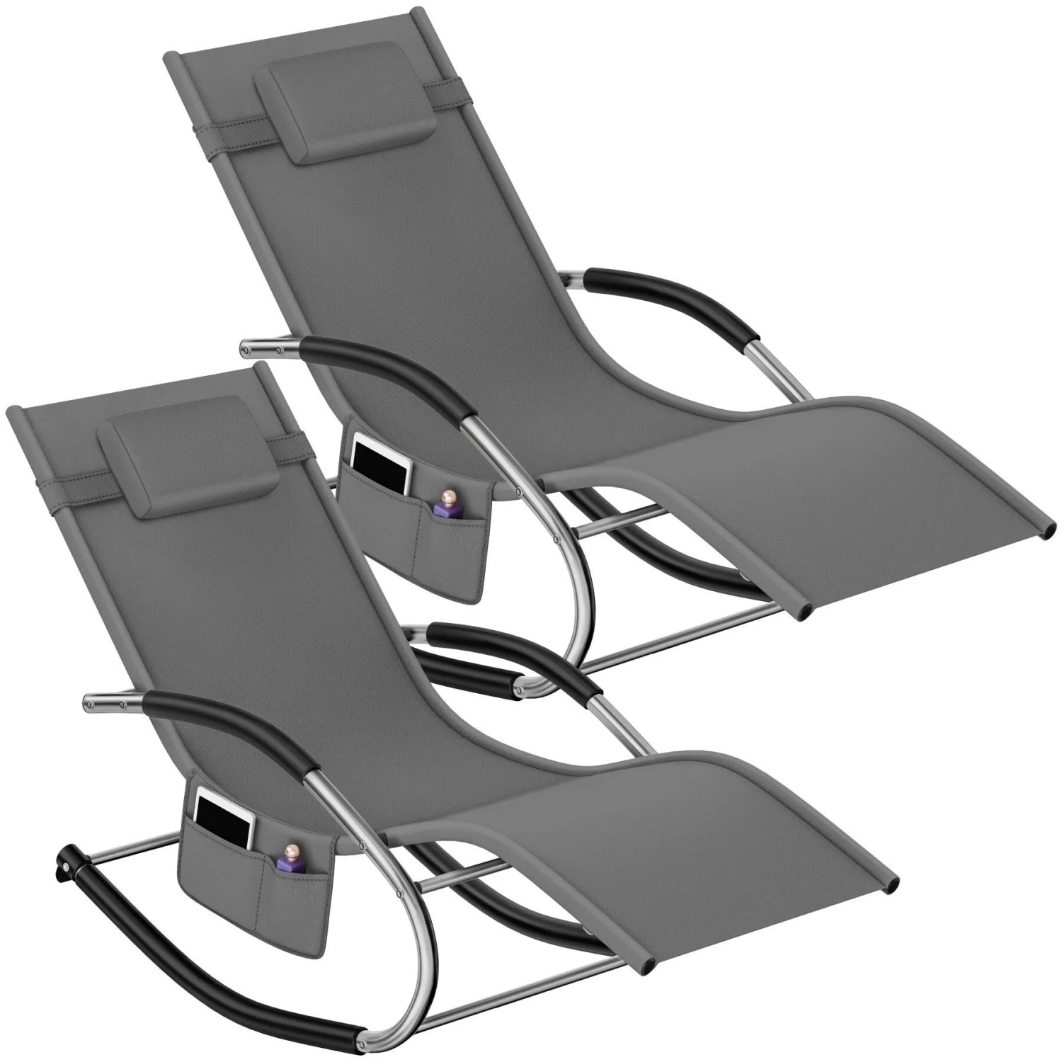 Tectake Gartenliege Taya Ergonomisch  Mit Komfort Schwingbewegung Geschwungene Armlehnen Mit Schaumstoffpolsterung 2Er Set 142 x 62 x 92 cm Grau