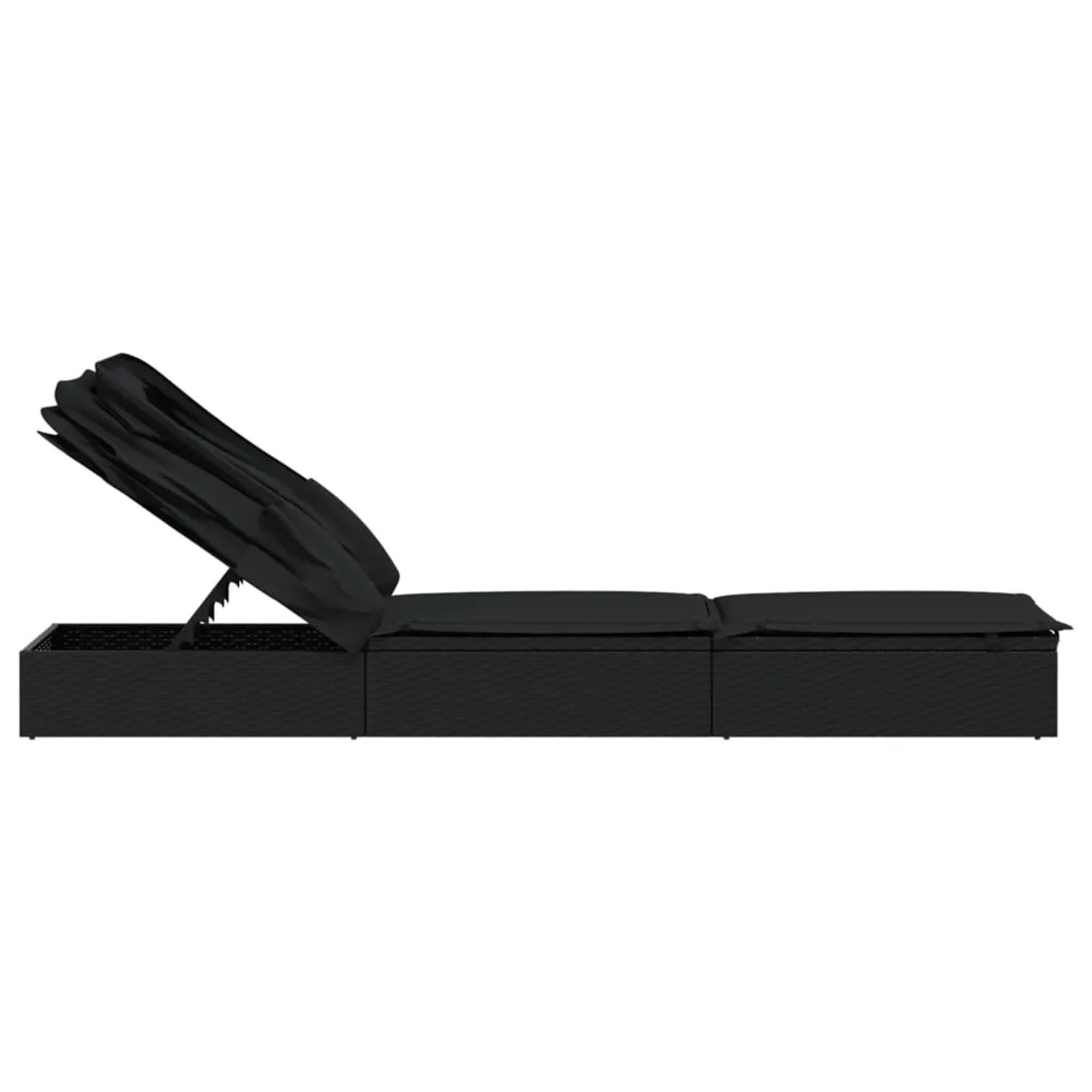 Schwarze vidaXL Sonnenliege mit Faltdach aus Poly Rattan, ideal für Garten und Terrasse.