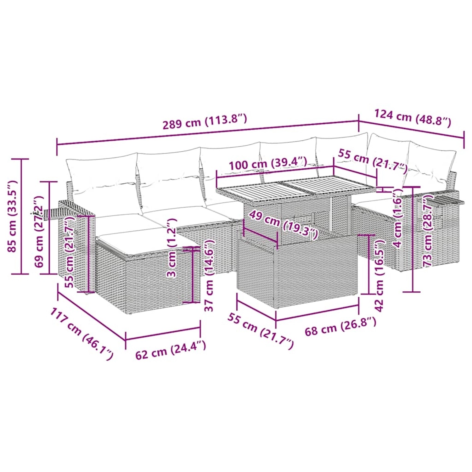 vidaXL 8-tlg. Garten-Sofagarnitur mit Kissen, schwarzes Poly Rattan, Maße sichtbar.