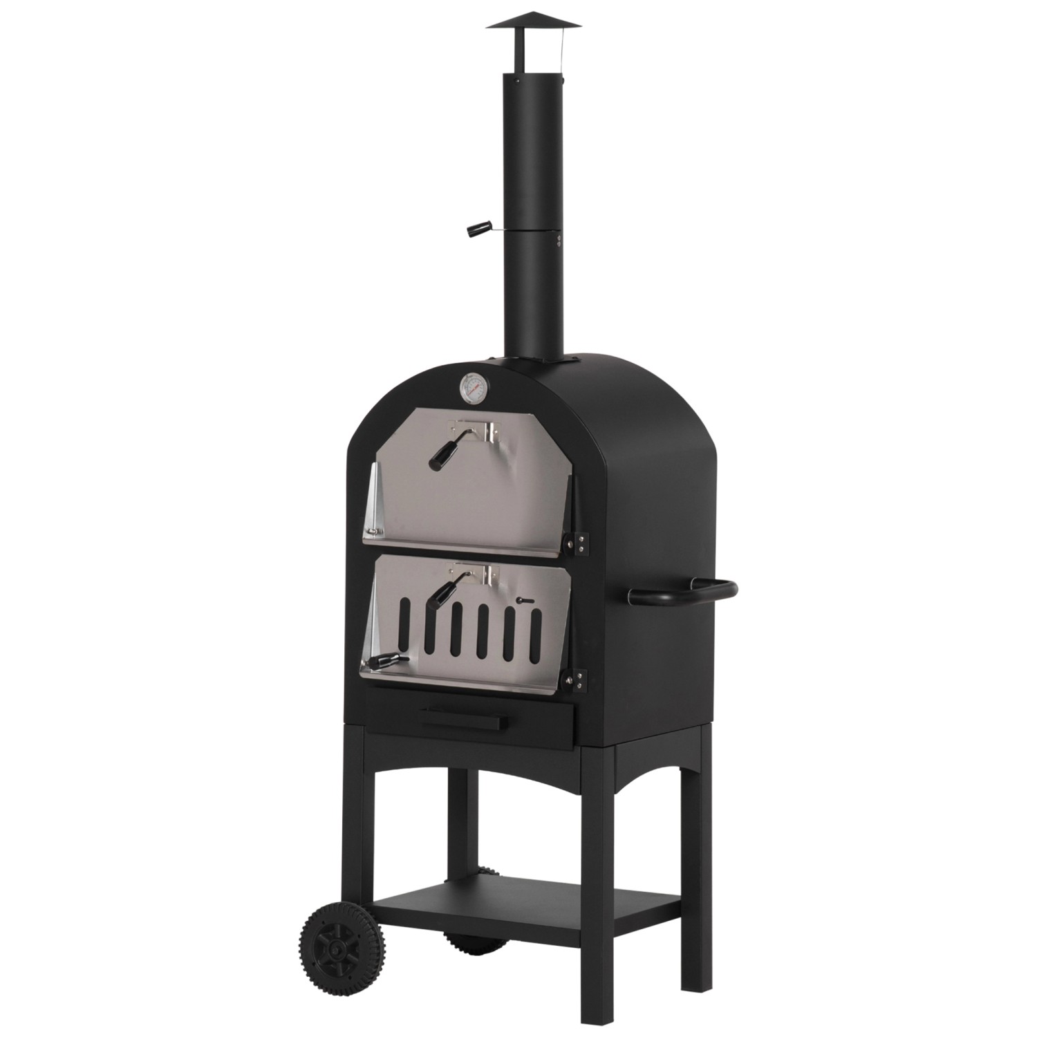 Outsunny Pizzaofen 2-In-1 mit Rollen Kohlenstoffstahl Schwarz