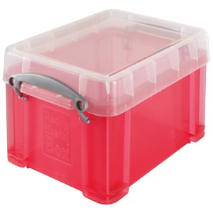 Clipbox 3 l, transluzent rot, für CDs/DVDs und Kleinteile, stapelbar und mit Clips zum Schließen.