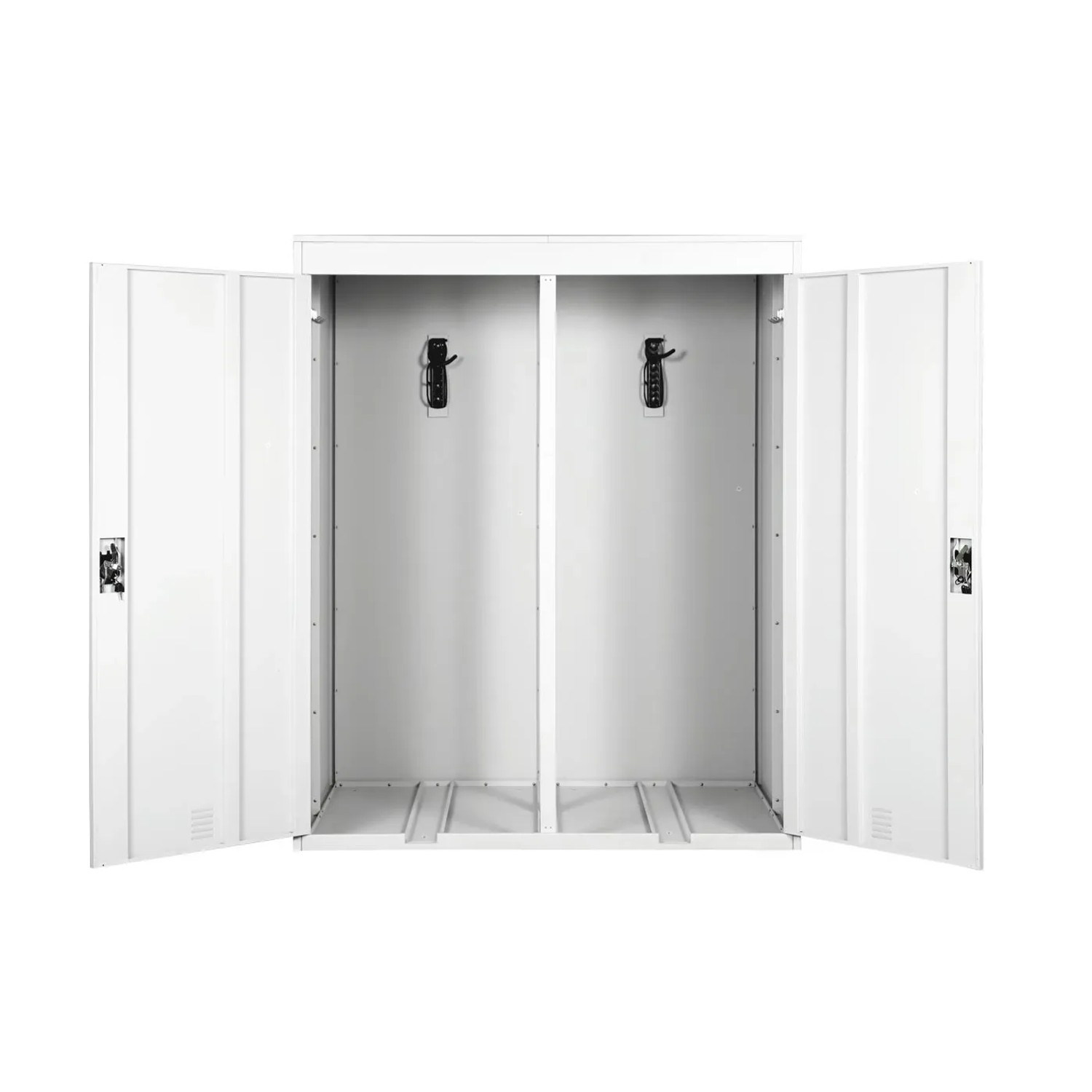 Offene, hellgraue MCW 2er-Fahrradgarage aus Metall mit Haken zur Aufhängung.