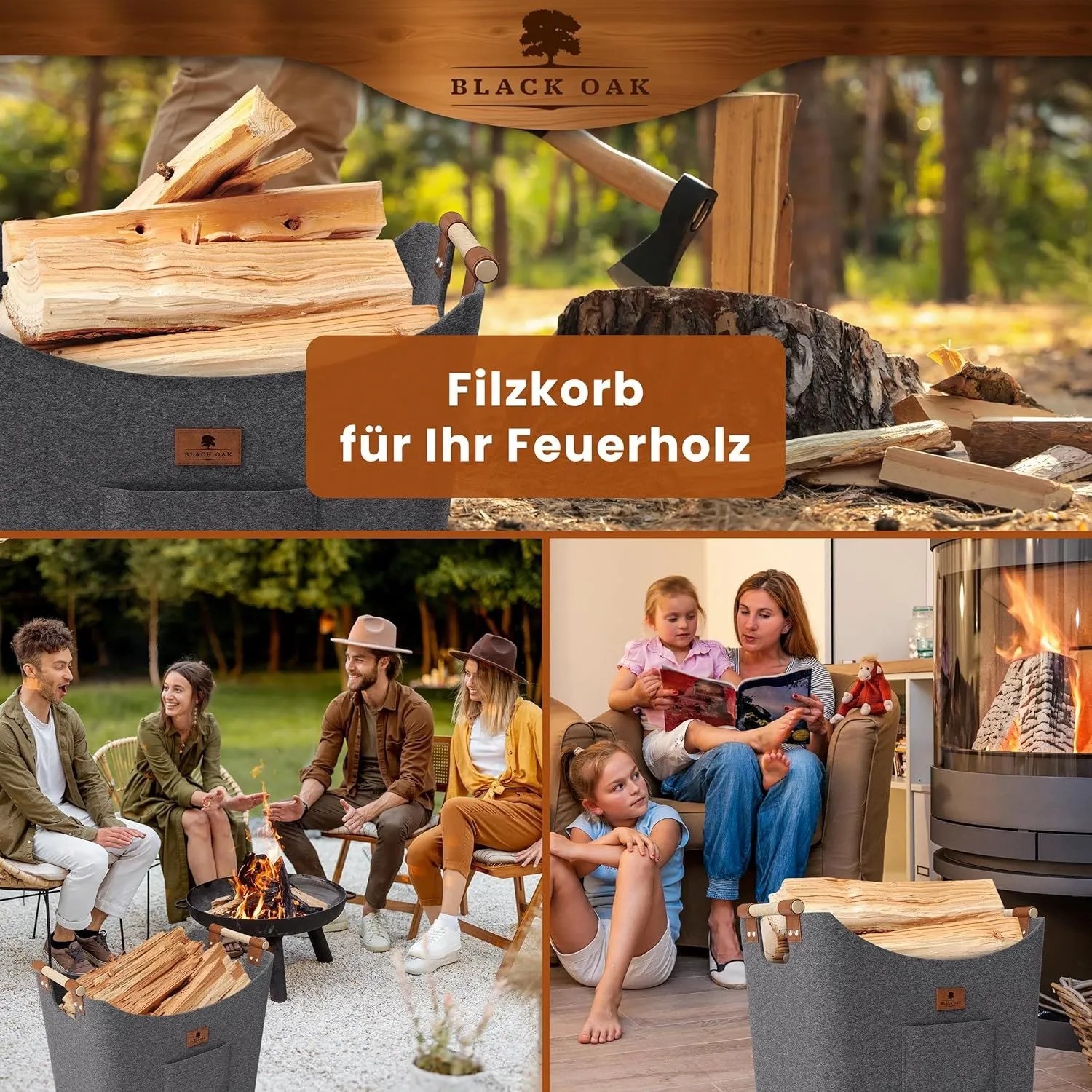 BLACK OAK Holzkorb MONTANA XL 60L Grau aus Filz mit Echtleder Applikationen – Kaminholzkorb für Brennholz Stabil mit Griffen Innenbereich_7