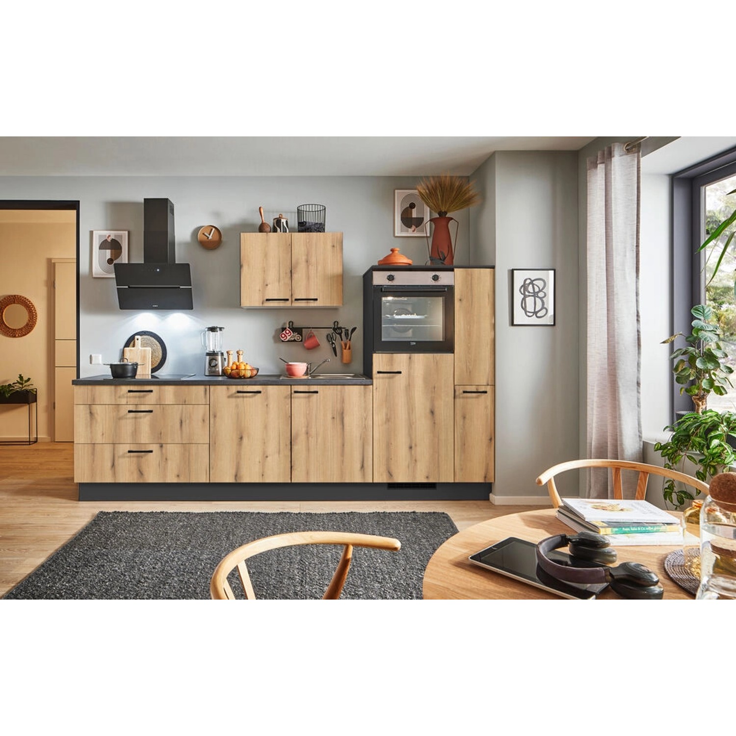 pino Küchenzeile 280cm Evoke Eiche Anschlag rechts 1 Geräte-, 1 Apothekersc günstig online kaufen