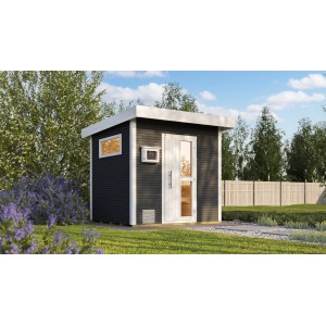 Modernes Weka Design-Saunahaus Kuopio in Anthrazit mit Flachdach und Glastür für den Garten.