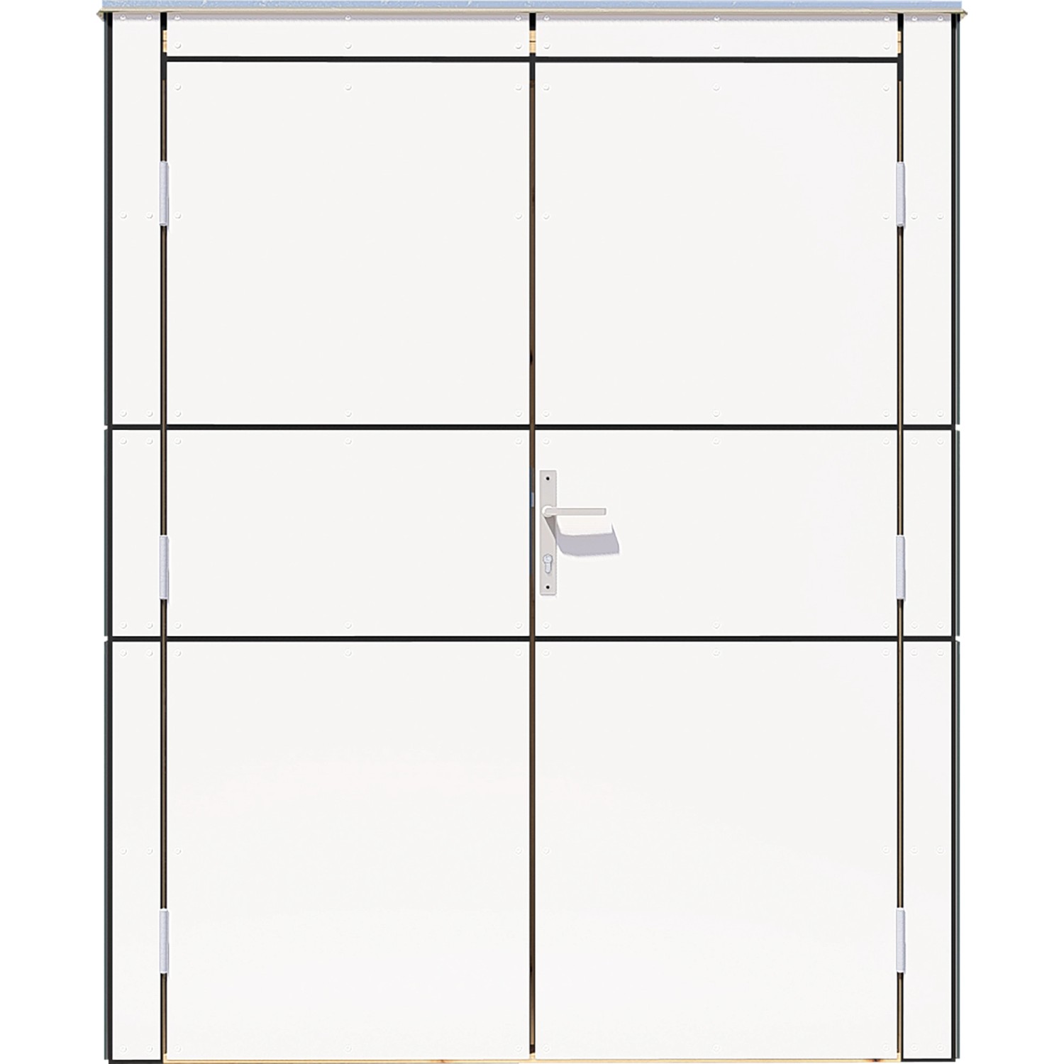 Weißes Bertilo Gartenhaus HPL Bike Port mit Doppeltür, ideal zur Fahrradaufbewahrung.