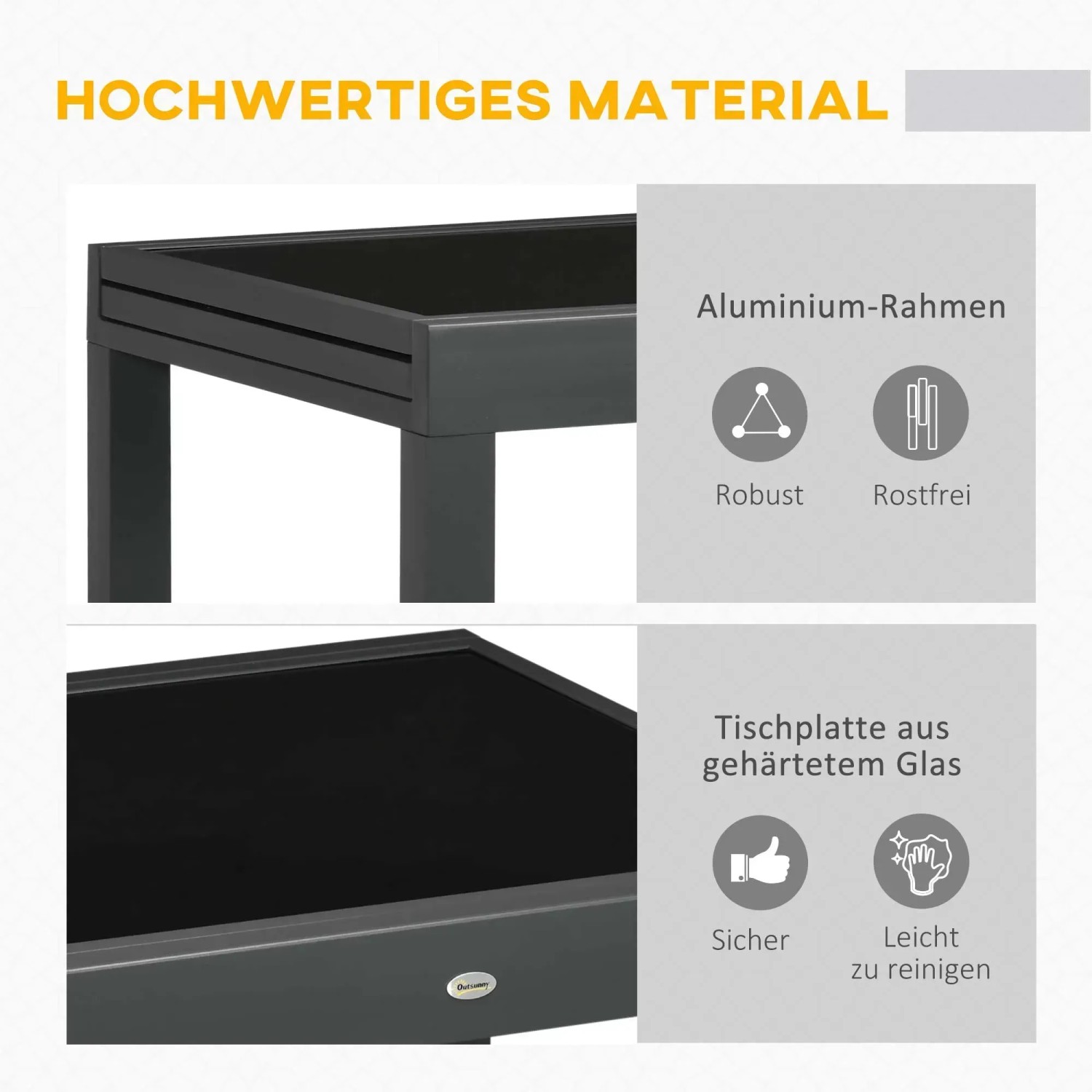Detailansicht: Schwarzer Outsunny Gartentisch mit Aluminiumrahmen und Glasplatte. Robust und leicht zu reinigen.