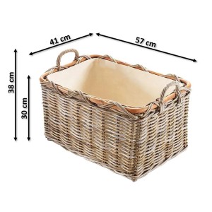 Rechteckiger Kobolo Holzkorb 'Kubu grey' aus Rattan mit Griffen und Leinenfutter.