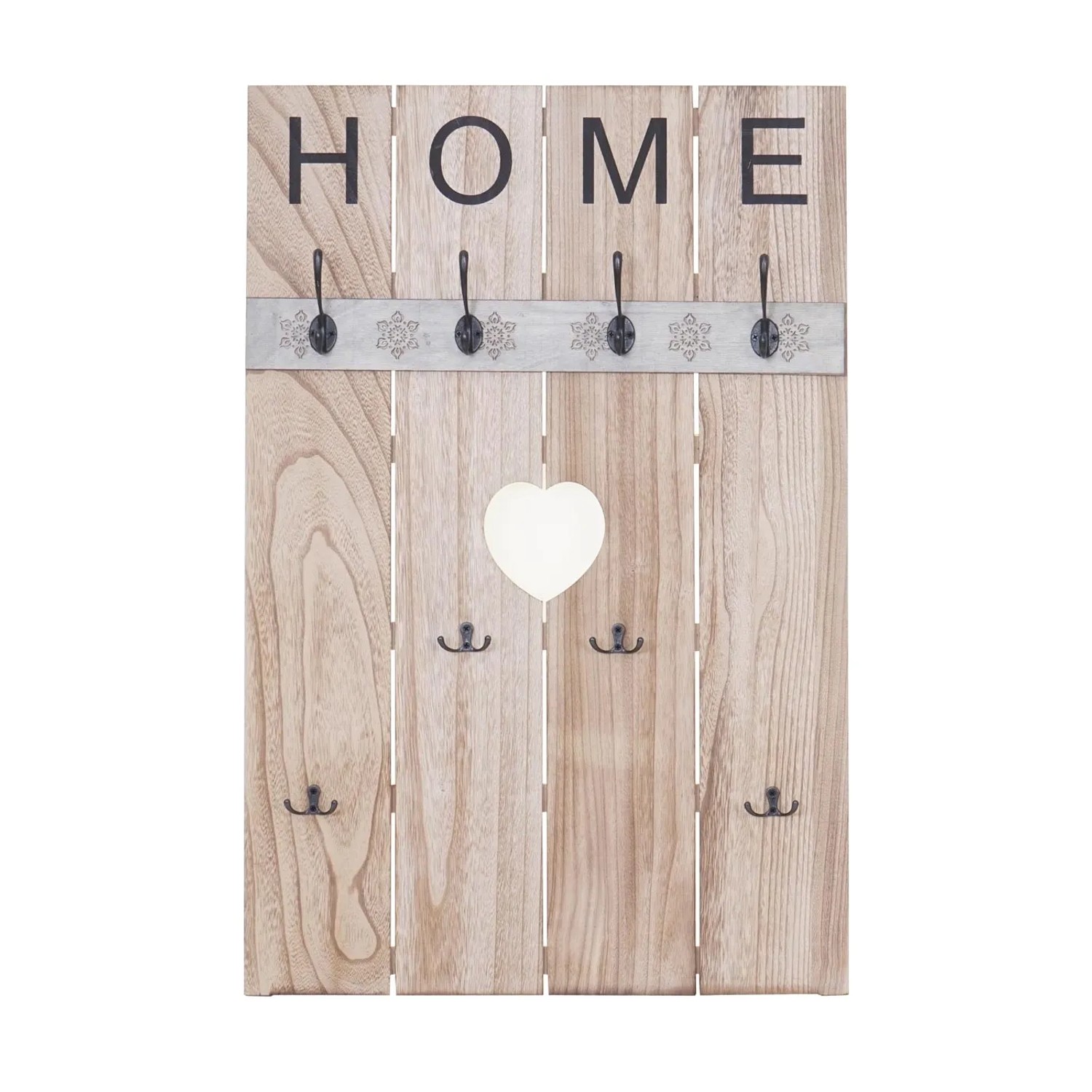 Wandgarderobe C89 im Shabby-Look mit 8 Haken, Holzpaneel in Naturbraun mit Herz-Ausschnitt.