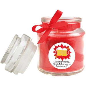 HS Candle Duftkerze im Glas mit rotem Band und Vatertags-Motiv.