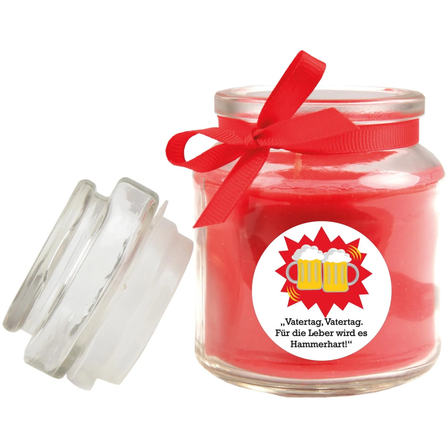 HS Candle Duftkerze im Glas mit rotem Band und Vatertags-Motiv.