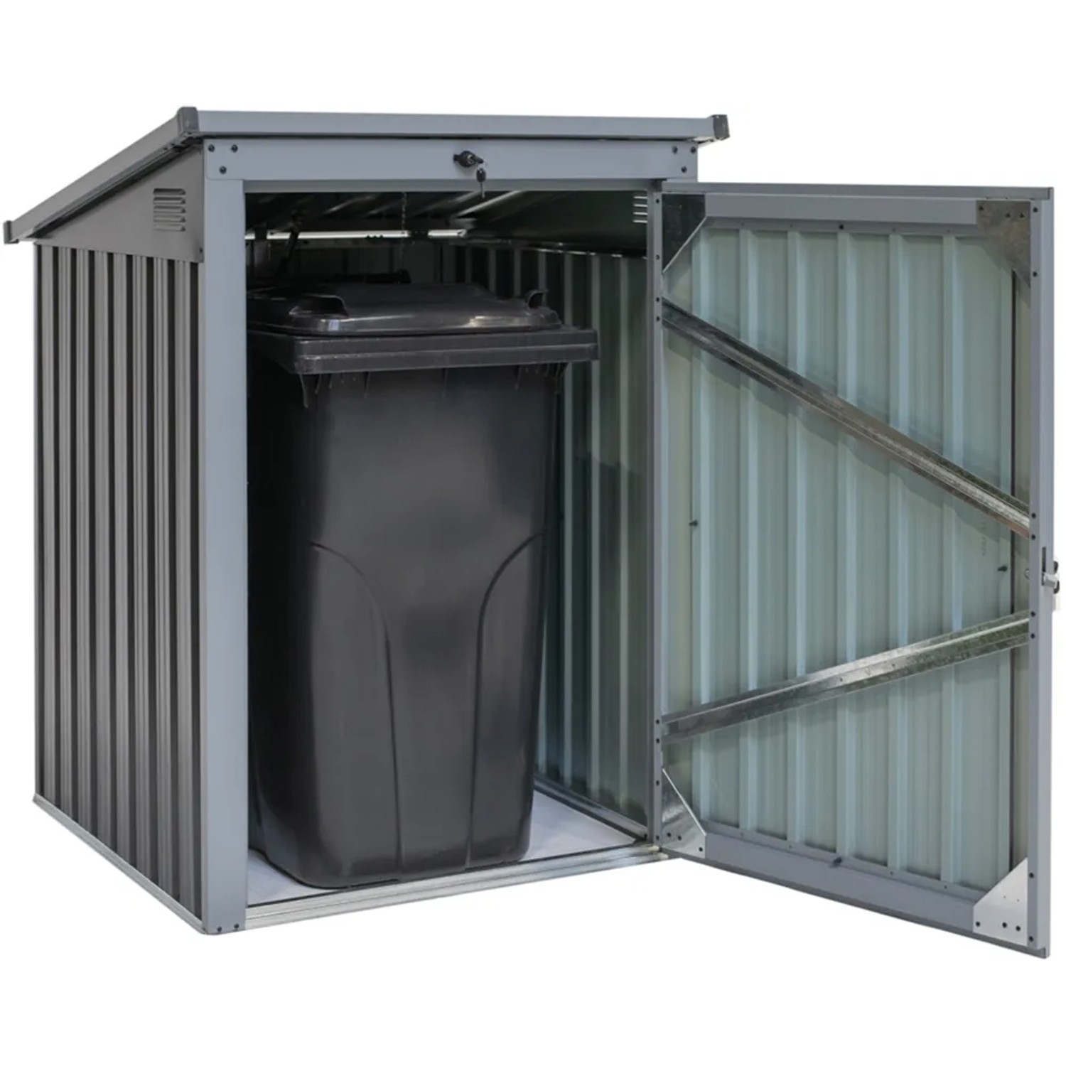 Westmann Müllbox, 1-fach, grau, mit geöffneter Tür und Mülltonne. Universalbox für den Garten.