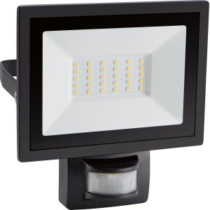 Schwarzer LED-Außenstrahler mit Sensor, 30W, 2550lm, für Garten und Hauseingang.