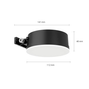 Runde, schwarze Philips Solar-Wandleuchte Vynce mit Tageslichtsensor und Maßen.