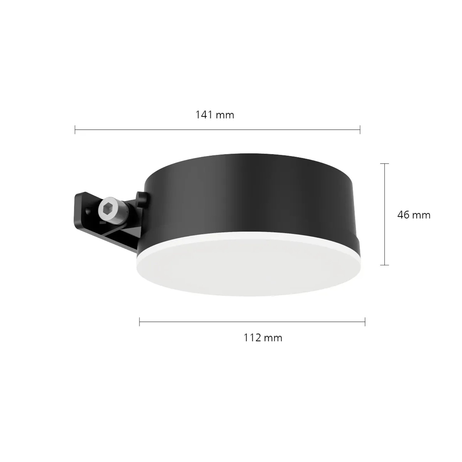 Runde, schwarze Philips Solar-Wandleuchte Vynce mit Tageslichtsensor und Maßen.