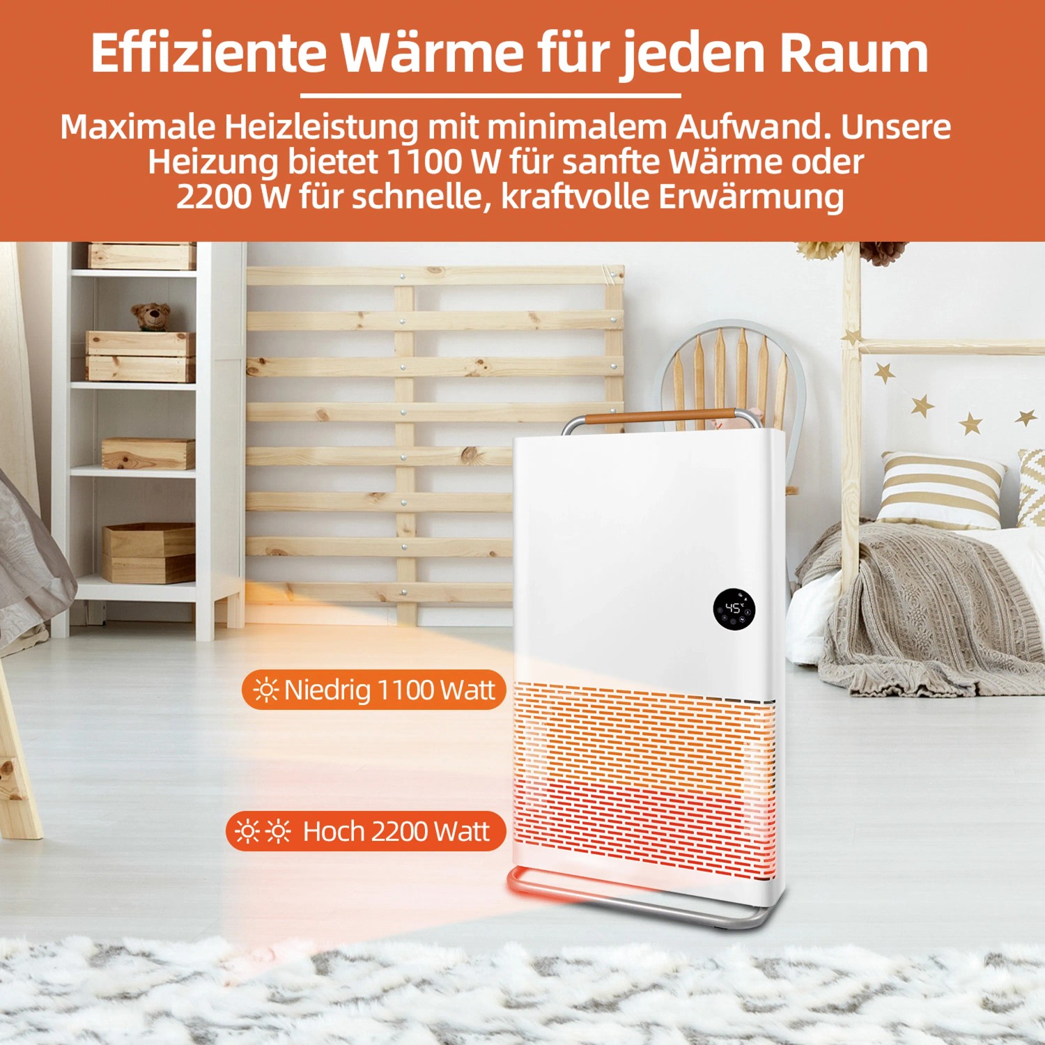Weißer Kompakt-Konvektor 2200W mit WiFi Funktion im modernen Kinderzimmer. Elektrisches Heizgerät mit digitaler Temperaturanzeige.