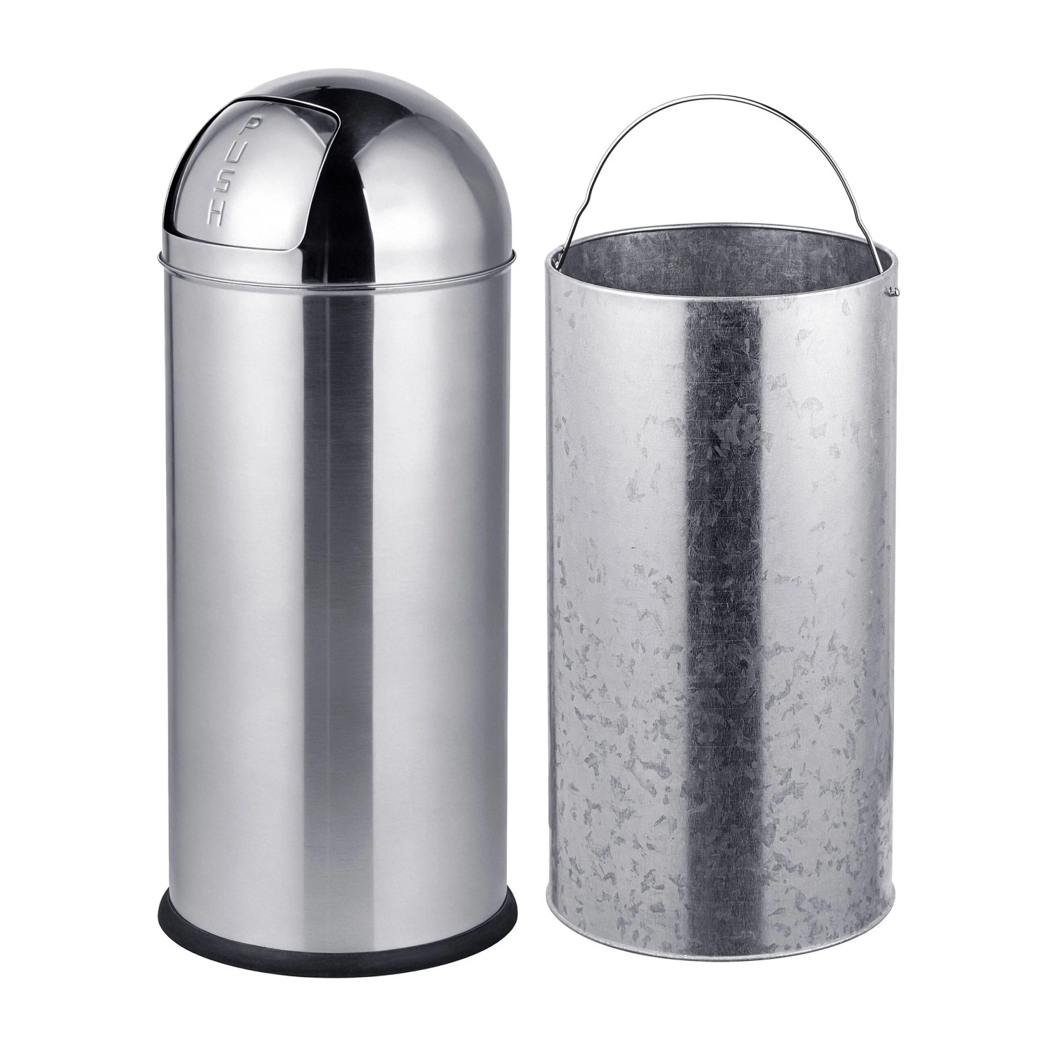 Silberner Edelstahl Mülleimer mit Push-Deckel und entnehmbarem verzinktem Inneneimer mit Henkel.