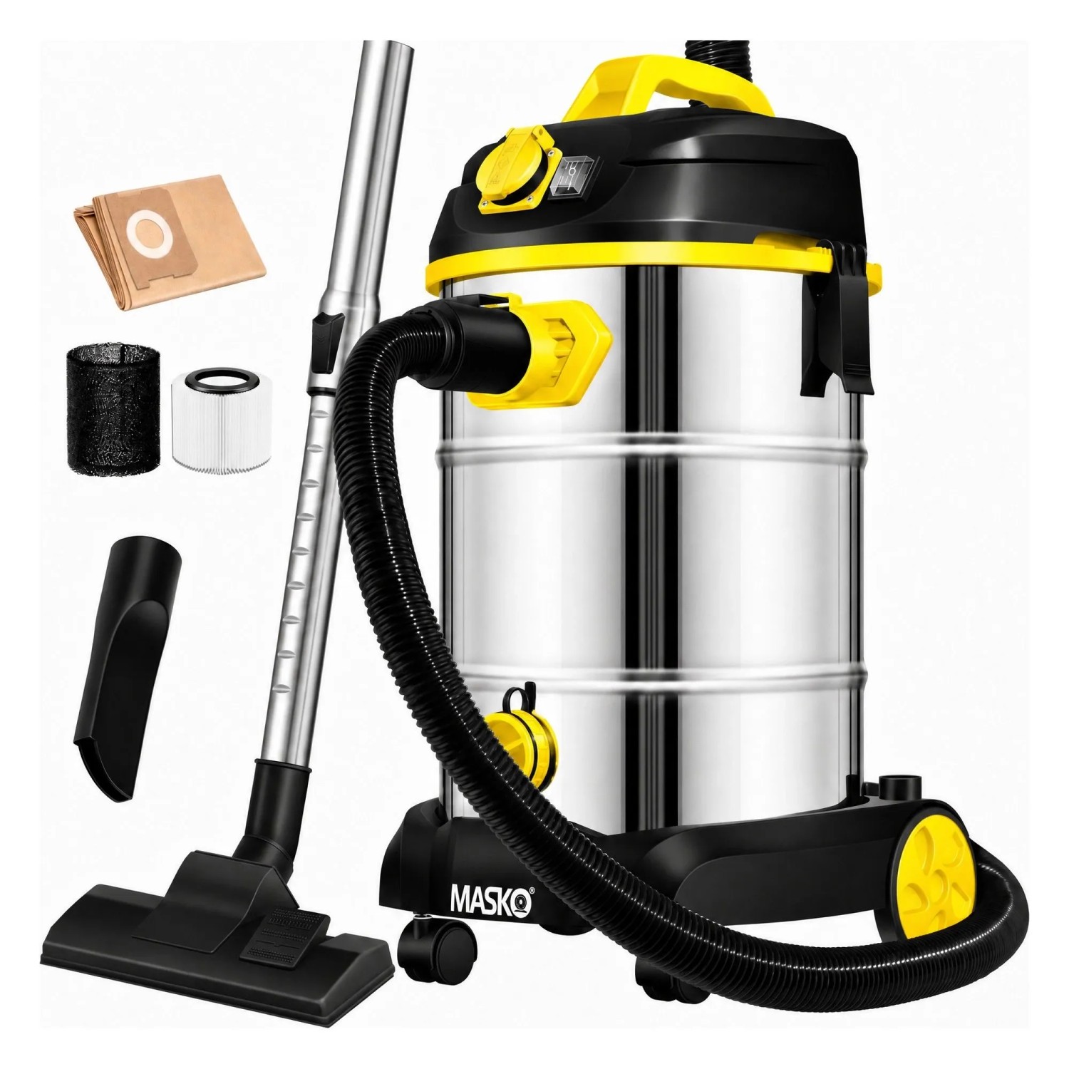 MASKO Industriestaubsauger Nass-Trockensauger Edelstahl Max. 1800 W Gelb