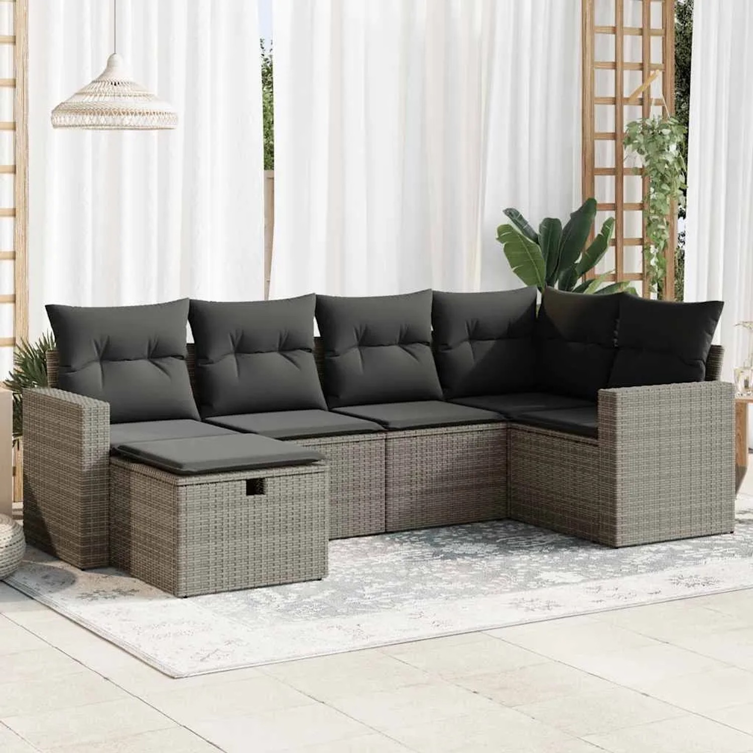 Graue 6-tlg. vidaXL Garten-Sofagarnitur aus Polyrattan mit dunklen Kissen.