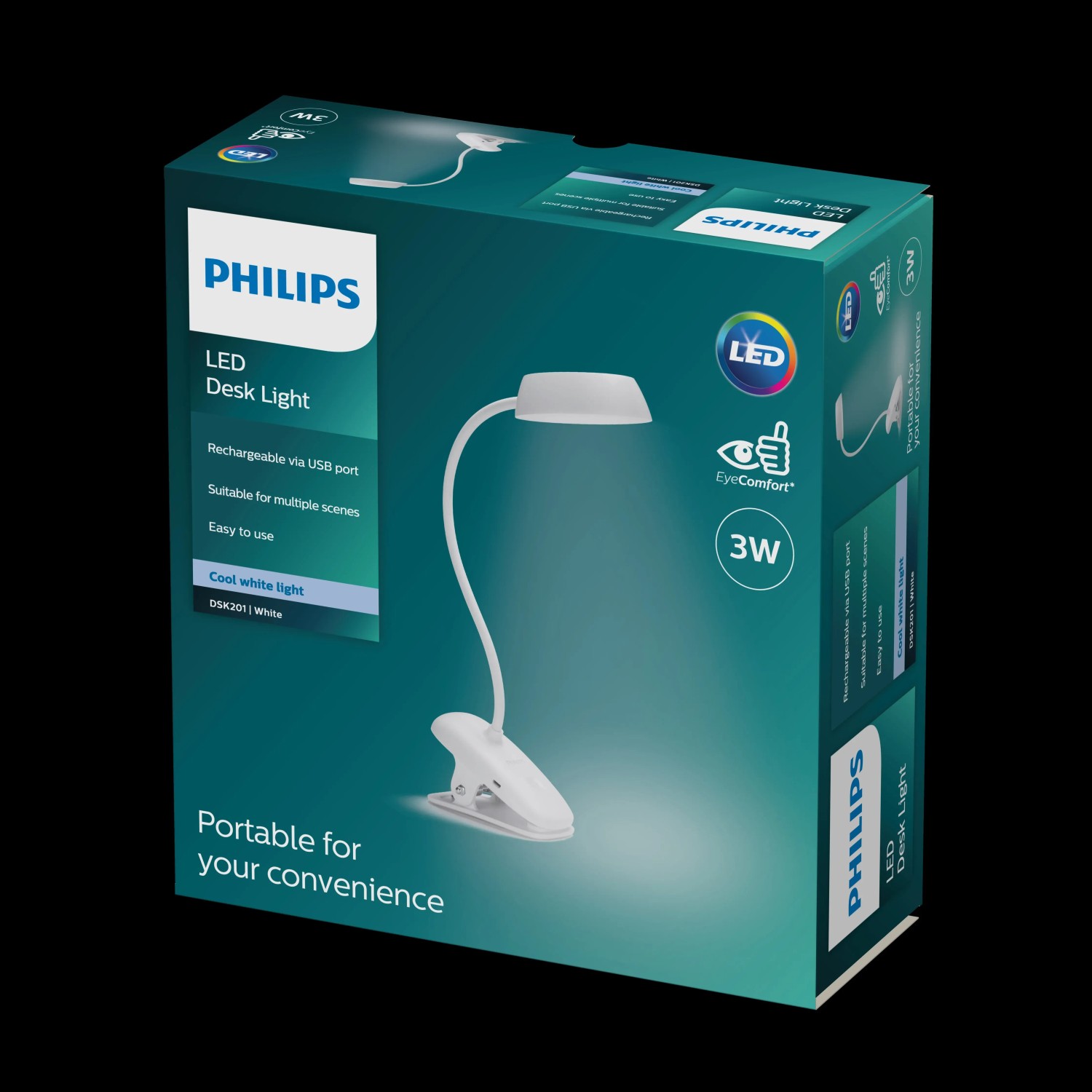 Philips Donutclip Schreibtischleuchte, 3W, 4000K, 175lm, Akku, Weiß, mit Klemmfuß.