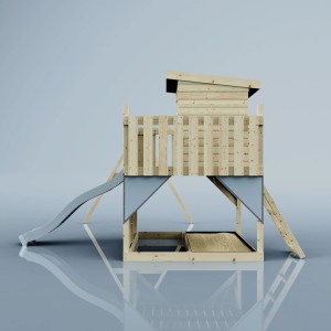 PolarPlay Spielturm Björn mit Schaukel und Rutsche. Holzspielturm mit Leiter und Sandkasten.