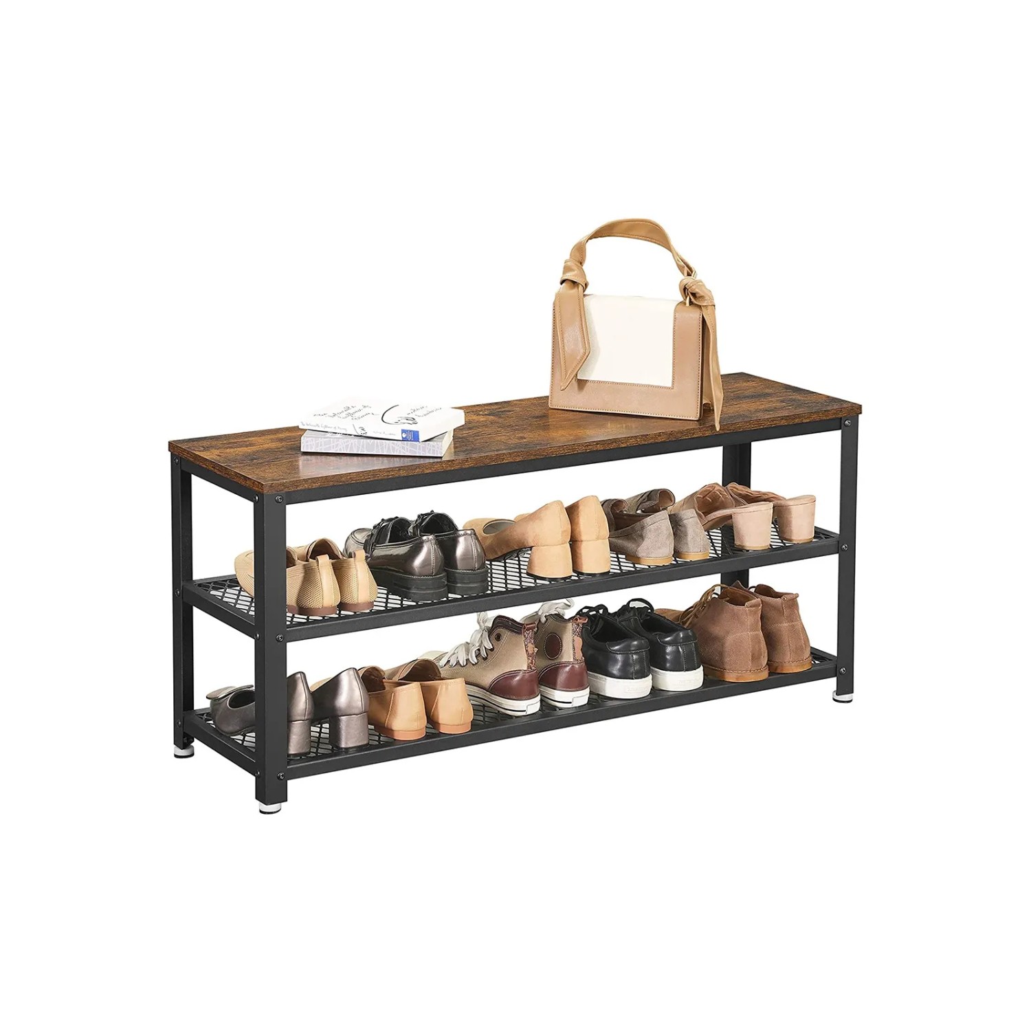 Vasagle Schuhregal mit 2 Gitterablagen in Braun-Schwarz, mit Schuhen und Deko.