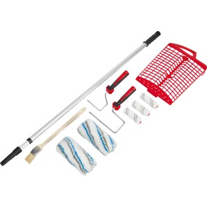 10-teiliges Malerset mit Teleskopstab, Farbrollen, Pinsel und Abstreifgitter für Malerarbeiten.