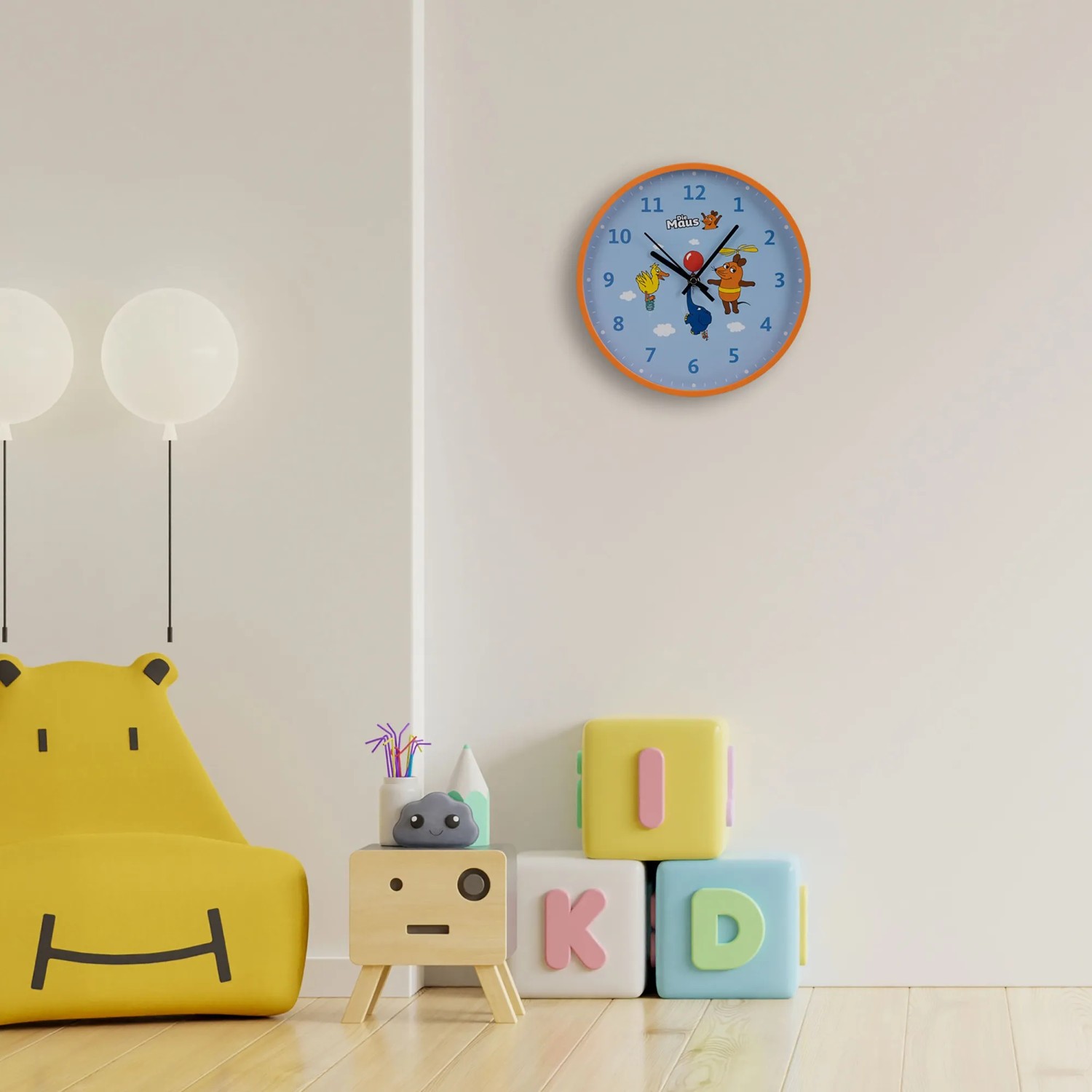 Blaue Kinderwanduhr mit Elefanten-Motiv aus "Die Sendung mit der Maus", Ø 25 cm.