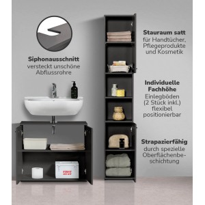 mokebo Badmöbel-Set „Der Steuermann“ in Anthrazit mit Waschbeckenunterschrank und Hochschrank.