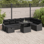 Schwarzes 9-teiliges Garten-Sofa-Set aus Poly Rattan mit höhenverstellbarem Tisch.