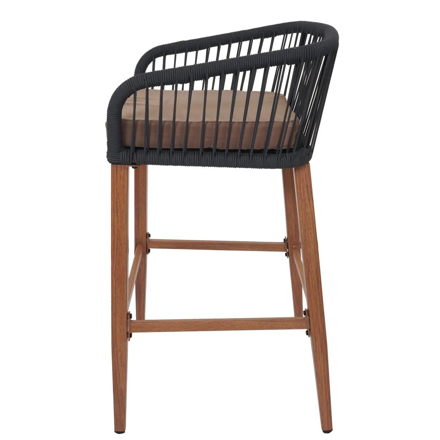 Proregal Barhocker mit anthrazitem Seilgeflecht, taupe Kissen und braunen Holz-Optik Beinen. Hoher Outdoor-Hocker.