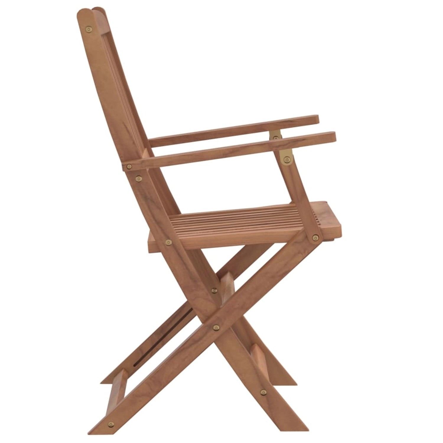Klappbarer Gartenstuhl aus Akazienholz, Teil der 5-tlg. Essgruppe von vidaXL, Seitenansicht.