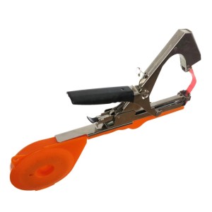 FUXTEC Bindezange FX-BZ30, orange-silbernes Gartenwerkzeug zum Binden von Pflanzen, mit schwarzem Griff und Bandrolle.