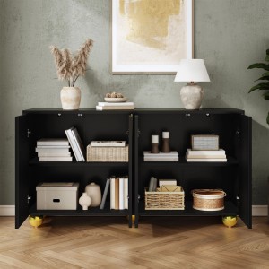 Schwarzes Sideboard mit 4 offenen Türen, goldenen Füßen und Regalen. Geräumige Kommode für Wohnzimmer & Deko.
