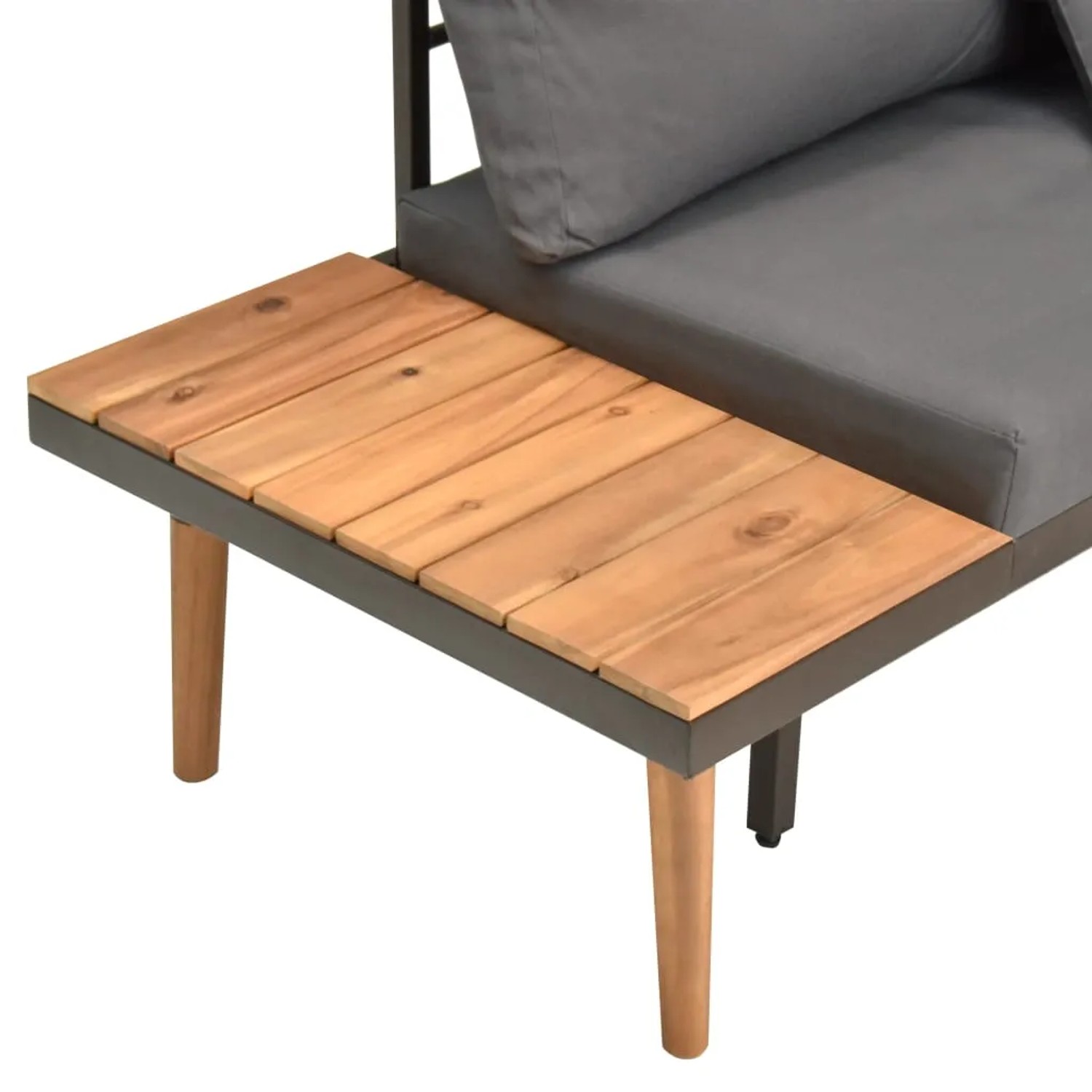Detailansicht: vidaXL Gartenlounge-Set aus Akazienholz mit grauem Polster und Ablagetisch.